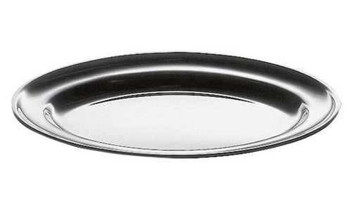Vassoio ovale con bordo in acciaio inox. Dimensioni 25x18 cm.