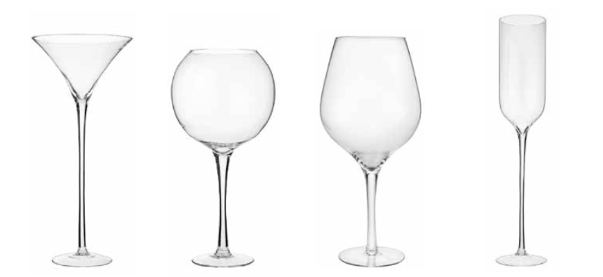 Vaso calice vino vetro soffiato a bocca diam. 29 cm, h 65 cm.